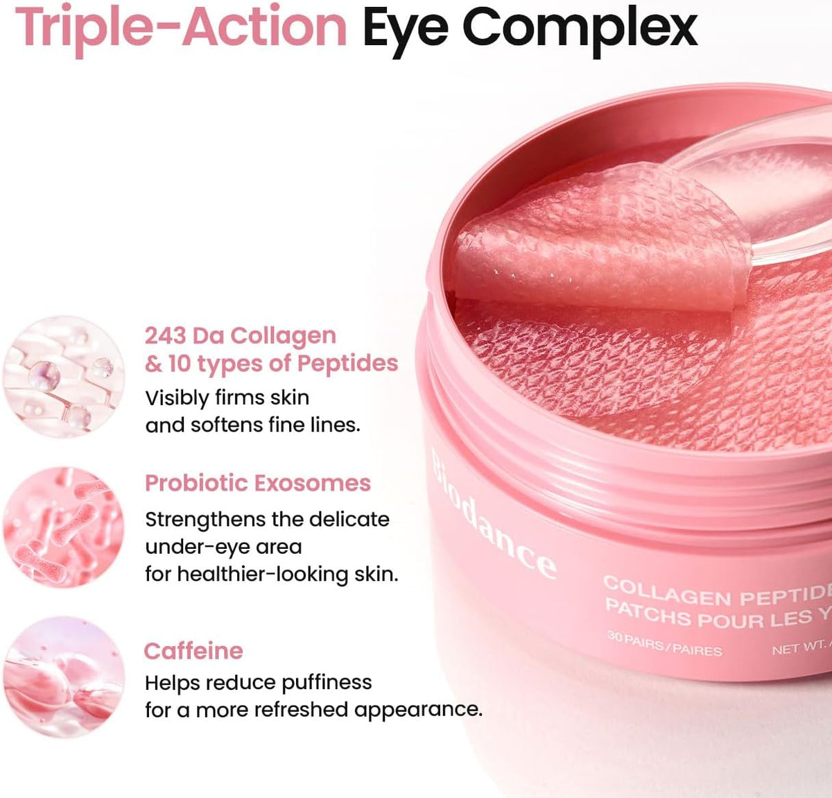 Biodance Collagen Peptide Under Eye Patches in a resealable pack, designed to reduce dark circles and puffiness around the eyes.