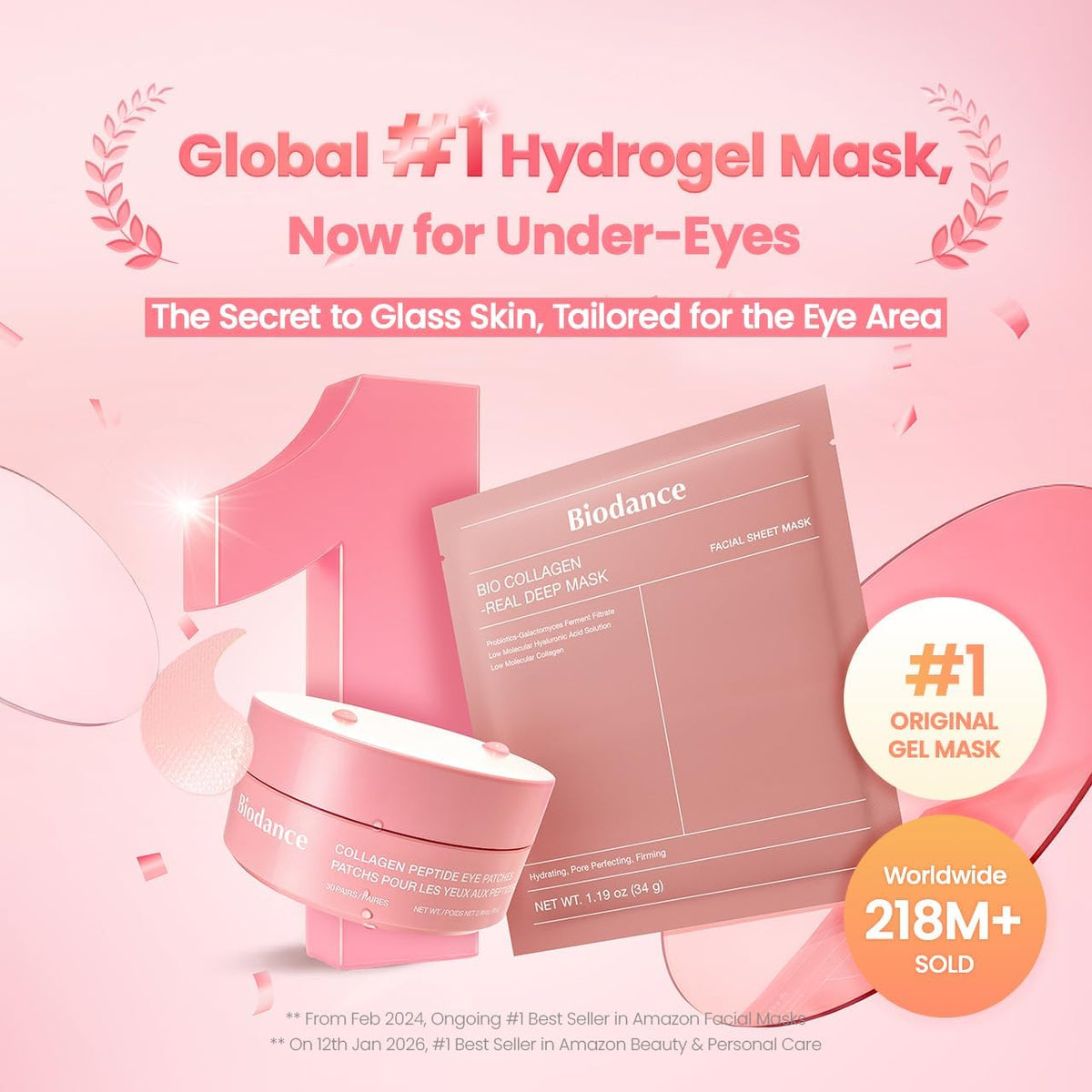 Biodance Collagen Peptide Under Eye Patches in a box, showing 60 individual patches designed to reduce puffiness and fine lines.